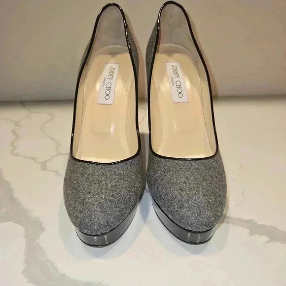 Jimmy Choo London Flannel Wool Patent Leather Platform Stiletto Heels Size 39 - Picture 4 of 10